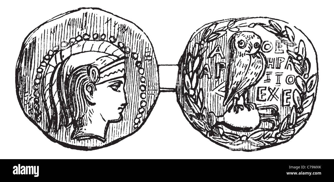 Tetradrachm from Athens, vintage engraving. Old engraved illustration of a Tetradrachm from Athens showing Athena on the front. Stock Photo