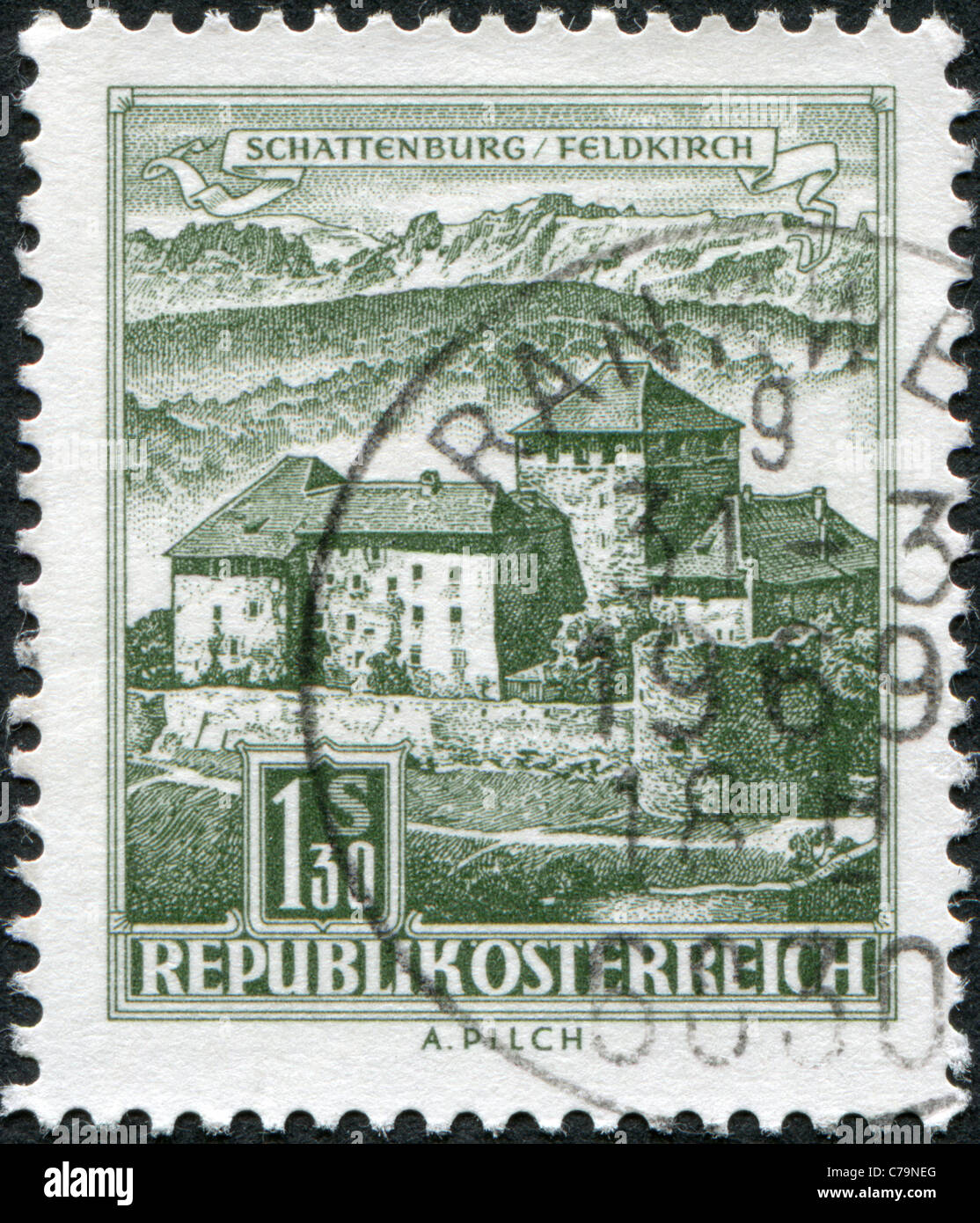 AUSTRIA - 1967: A stamp printed in Austria, is shown Schatten Castle, Feldkirch, Vorarlberg Stock Photo