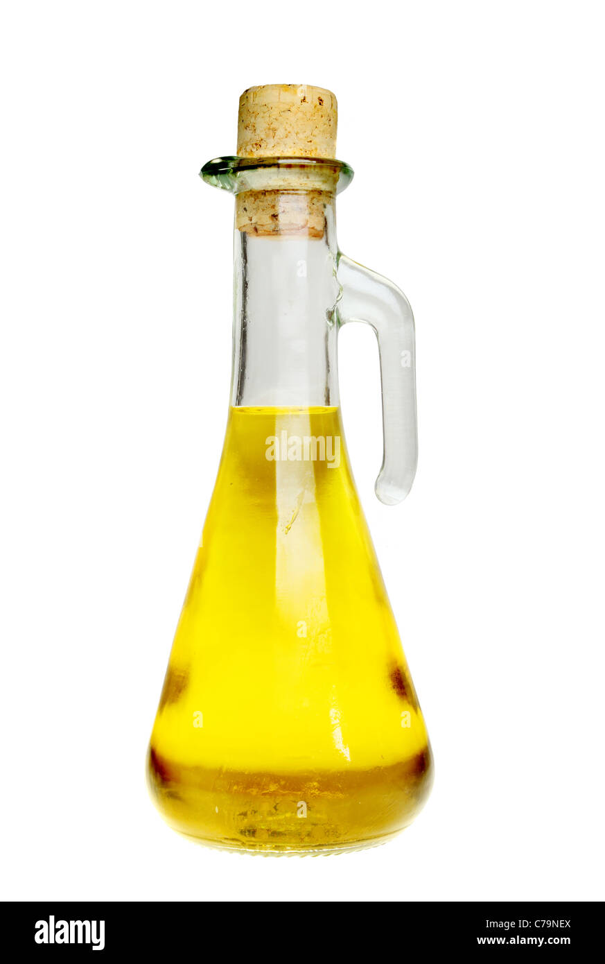 Glass jar of olive oil with a cork stopper isolated against white Stock Photo