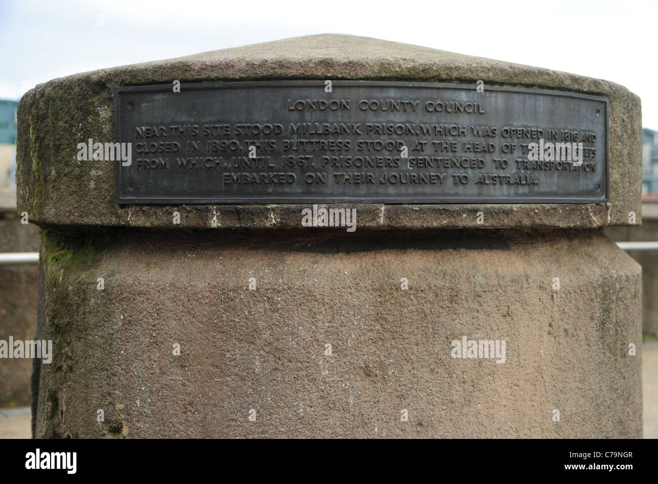 Original buttress located on banks of the River Thames from where convicts embarked on ships for transportation to Australia Stock Photo