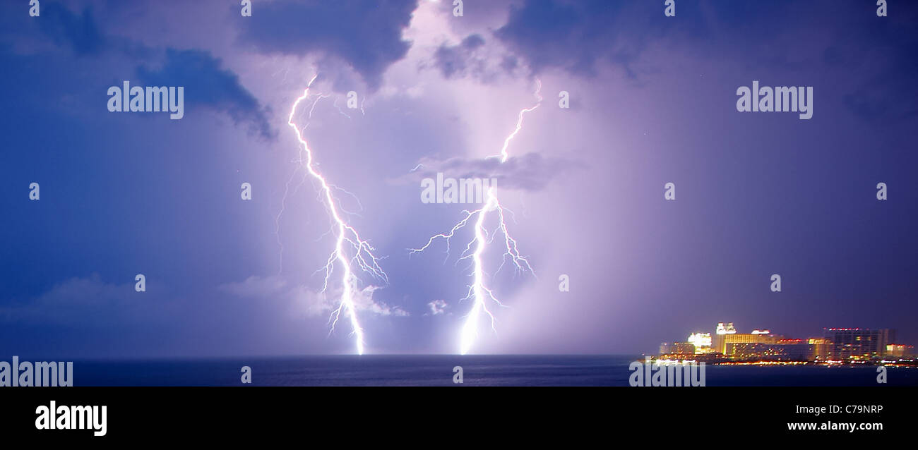 Lightning storm over Cancun Mexico Stock Photo