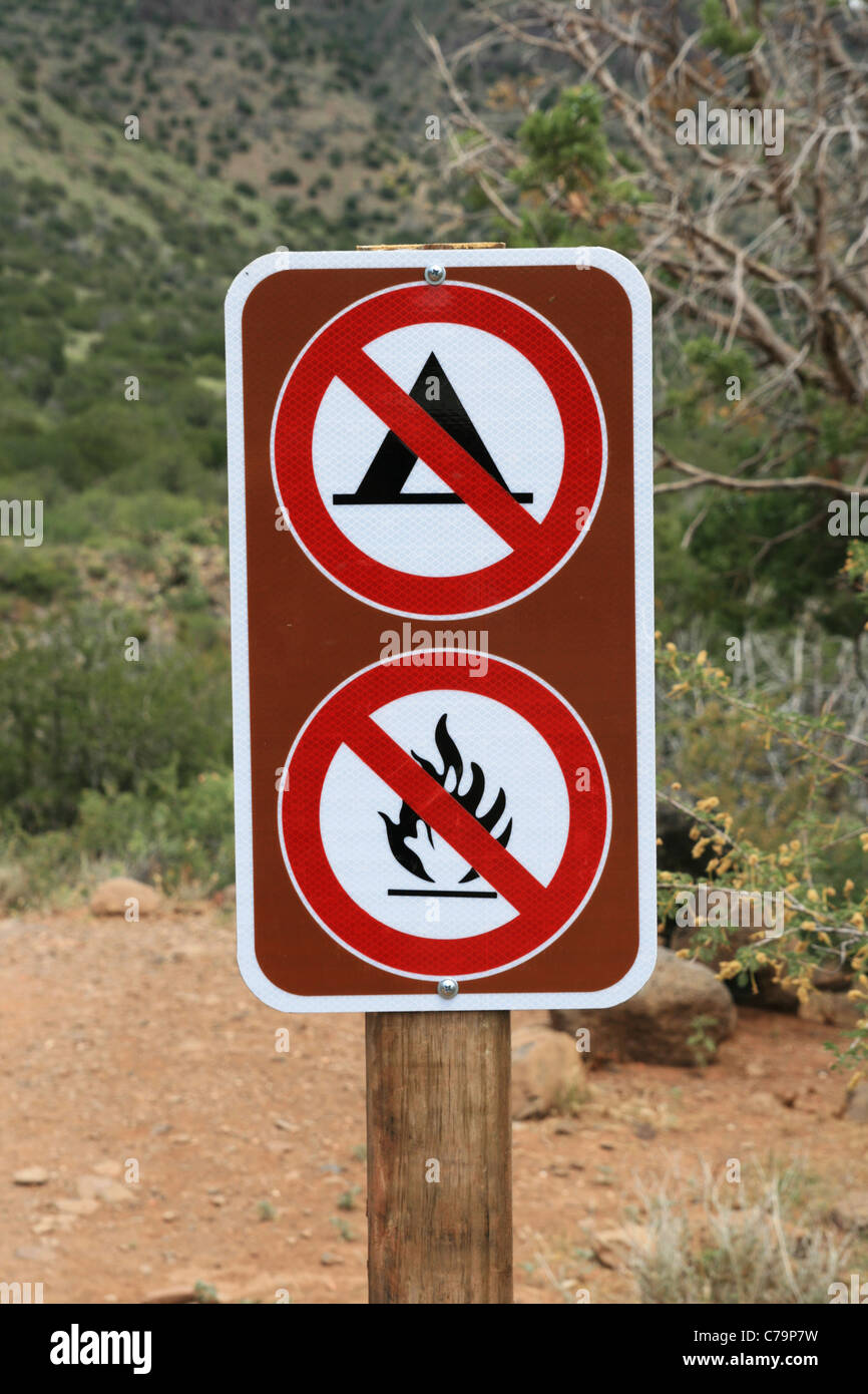 no camping no fires no campfires sign along a trail in Arizona Stock Photo