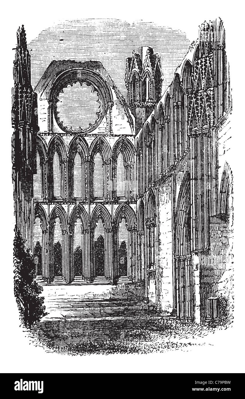 Elgin Cathedral in Moray, Scotland, during the 1890s, vintage engraving. Old engraved illustration of Elgin Cathedral. Stock Photo