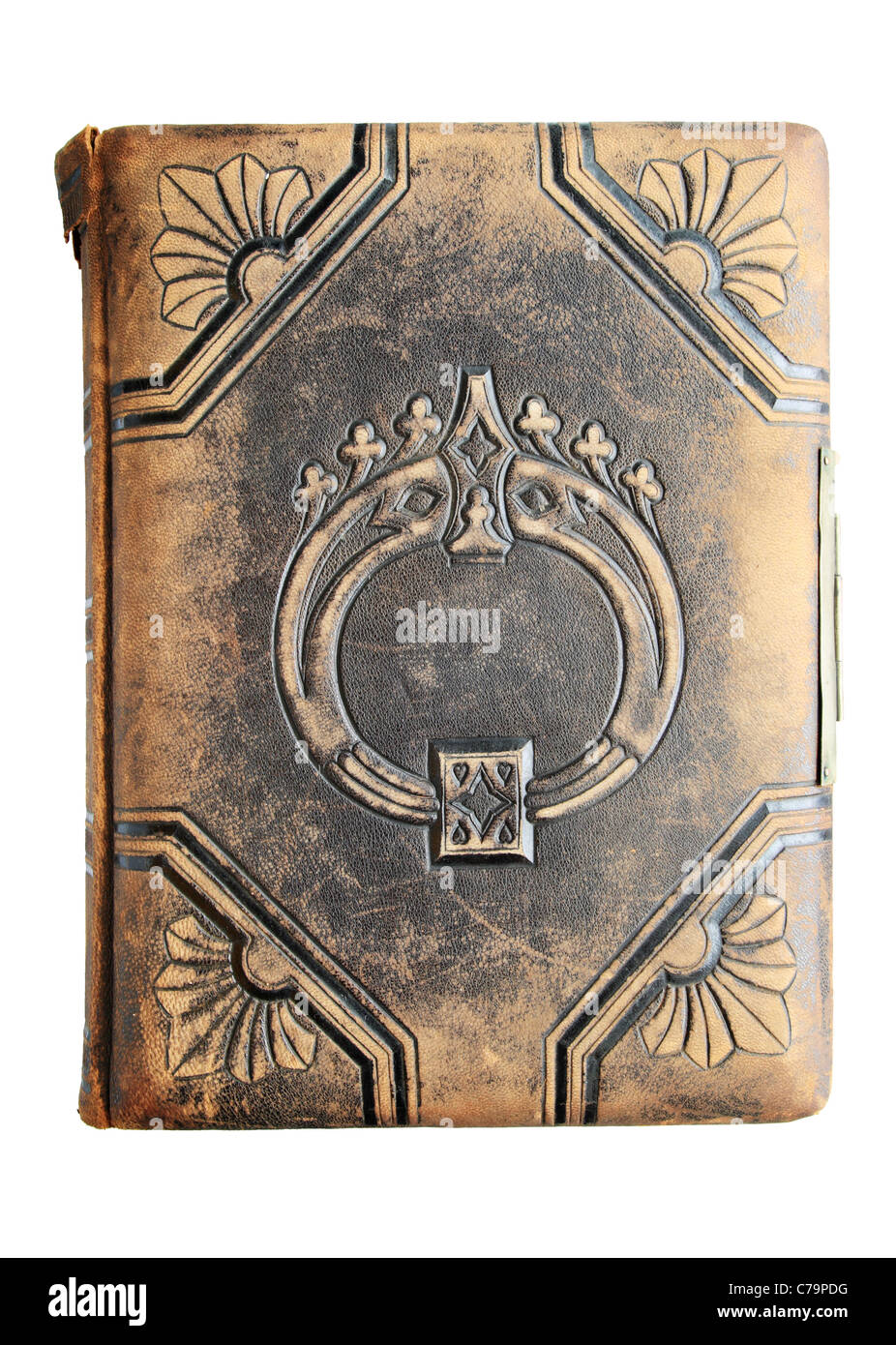 worn antique leather embossed book isolated on white Stock Photo