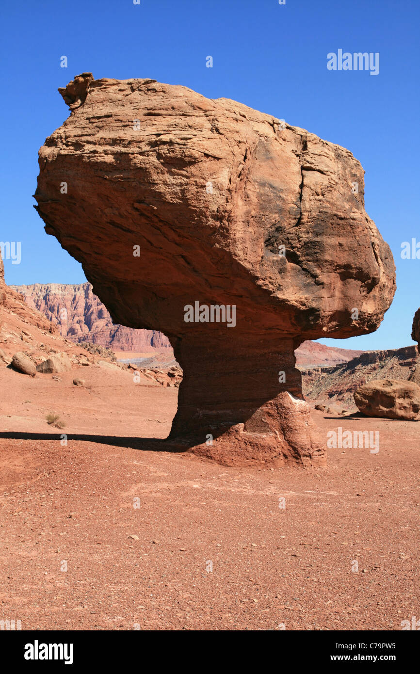 sandstone boulder balanced on a pedestal in the Northern Arizona desert Stock Photo
