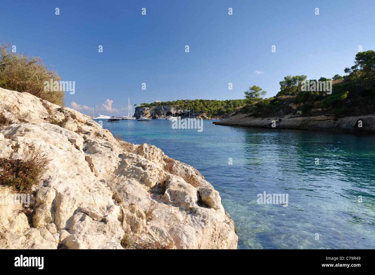 Boats in the Three Finger Bay, Cala Portals Vells, Cala Mago, Majorca ...