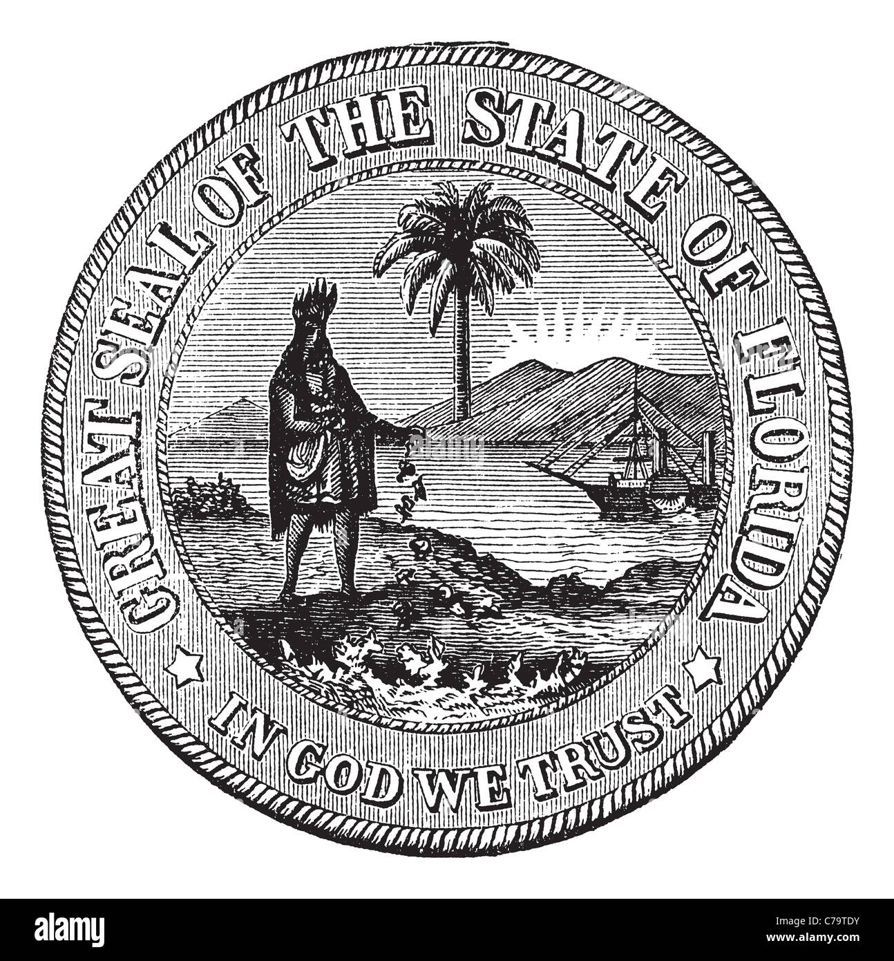 Seal of Florida, USA, vintage engraved illustration. Trousset ...