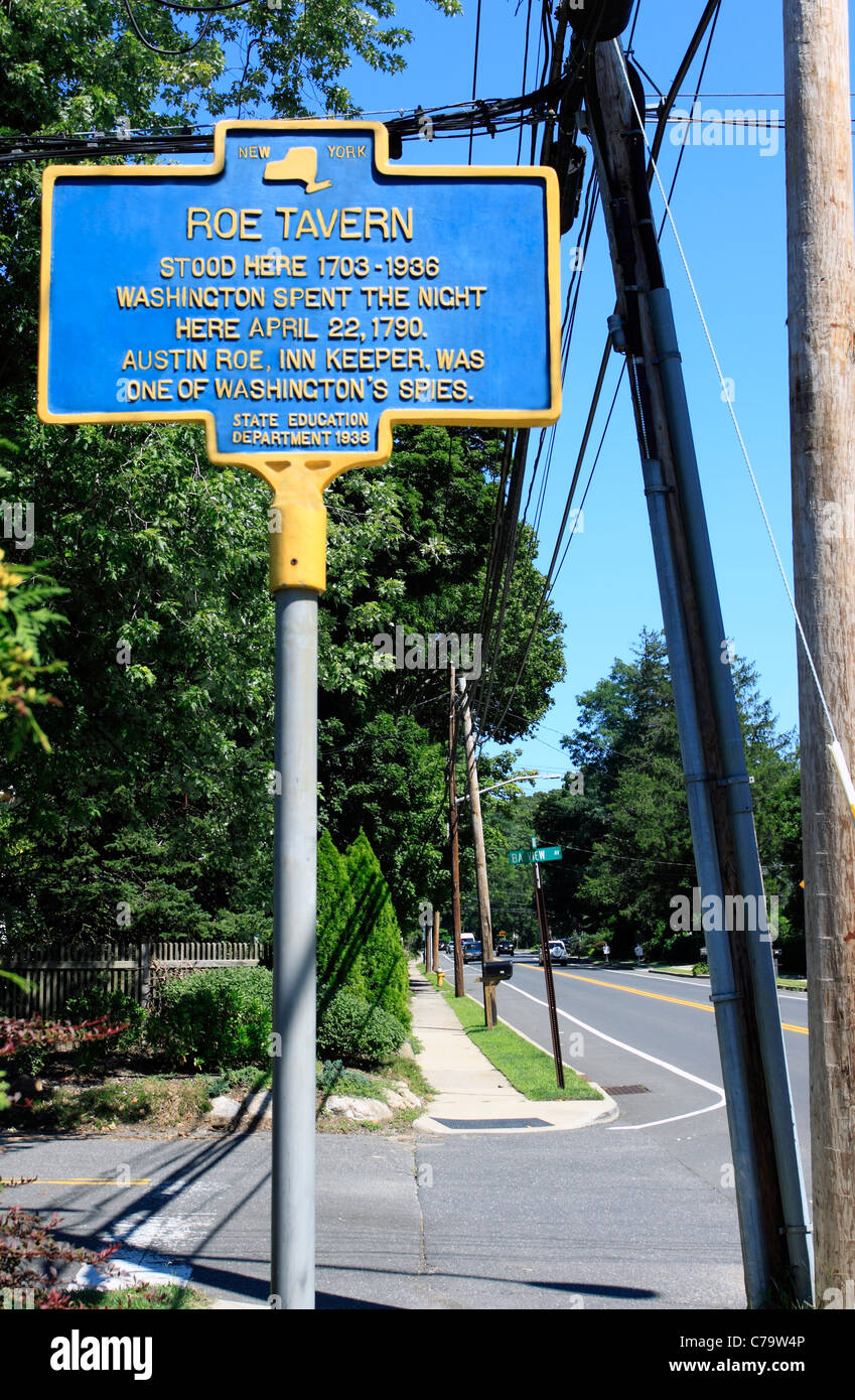 Historical marker at site of Roe Tavern home of one of George Washington's Revolutionary War spies East Setauket Long Island NY Stock Photo