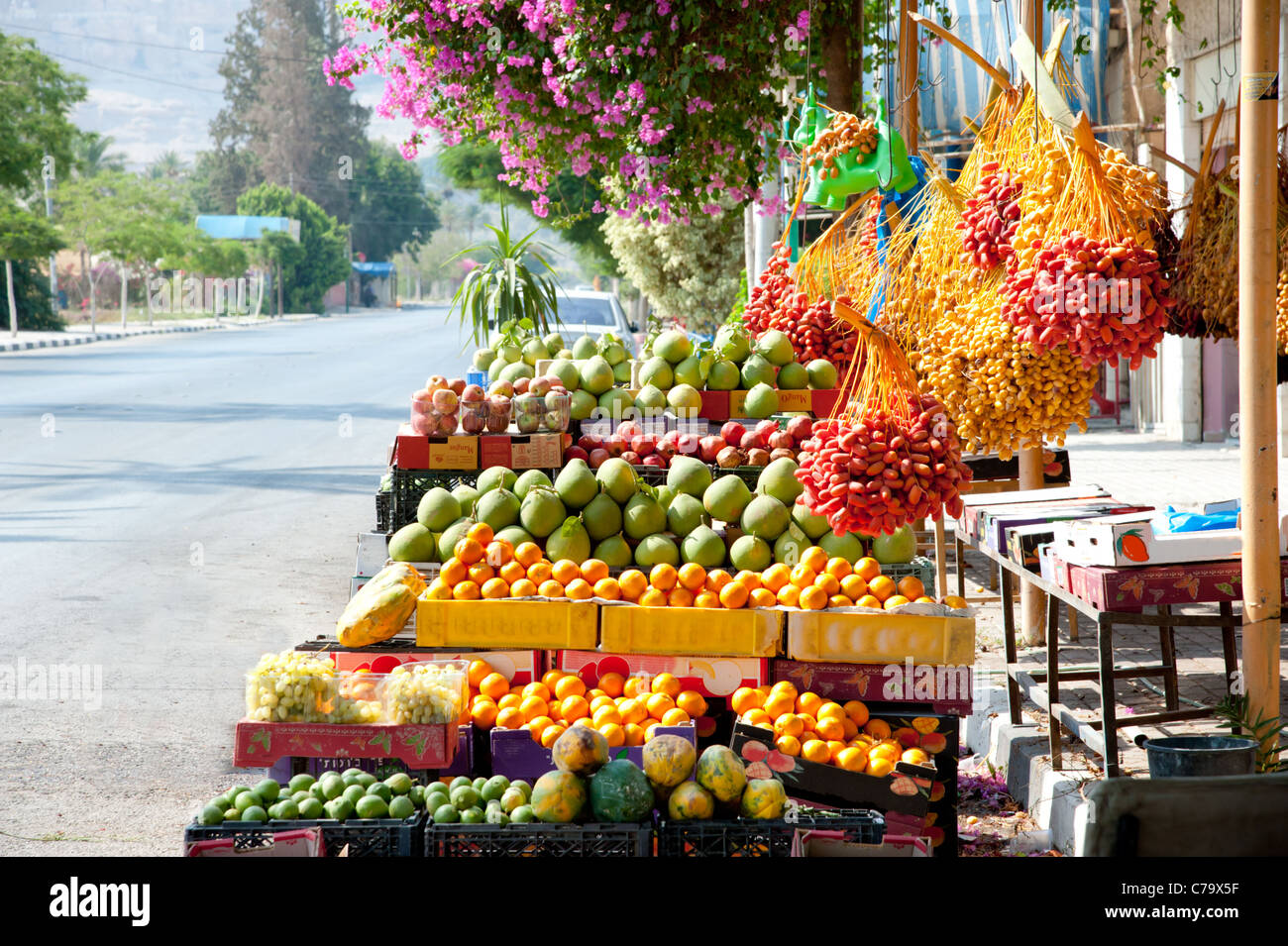 Fresh dates hang on stalks among other fruits at a market in the West