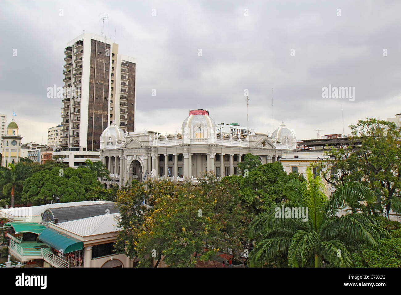 Partial skyline of Guayaquil, Ecuador from the Malecon 2000 Stock Photo