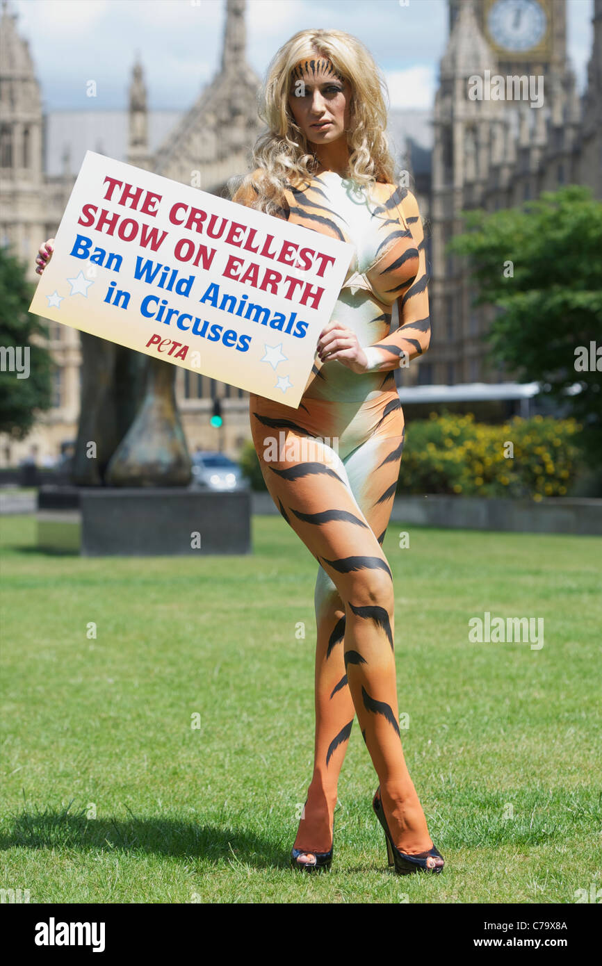 Chantelle Houghton in tiger body paint for PETA Stock Photo