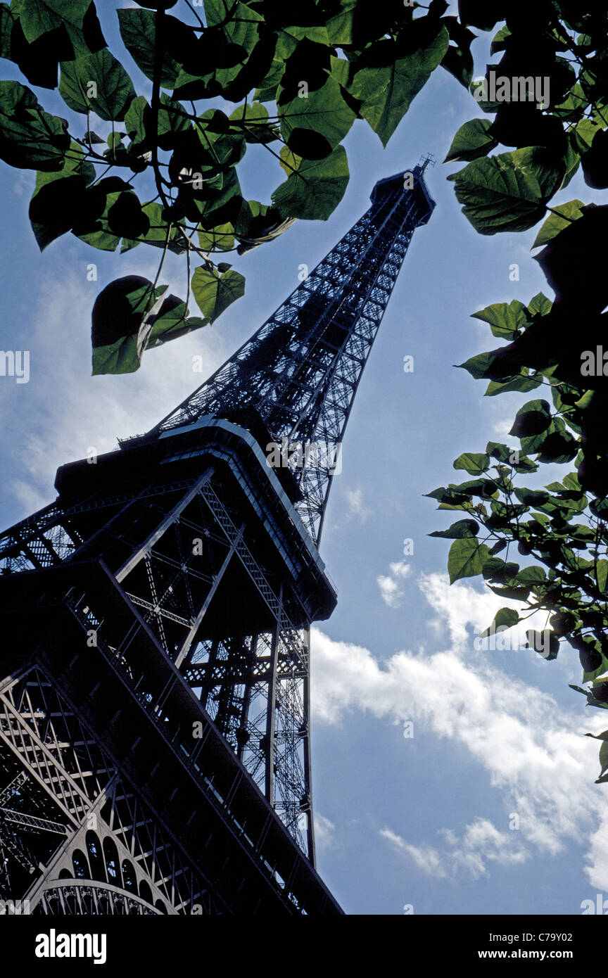 The famous Eiffel Tower is an icon designed by its namesake, Gustave Eiffel, and erected with wrought iron for a 1889 world's fair in Paris, France. Stock Photo