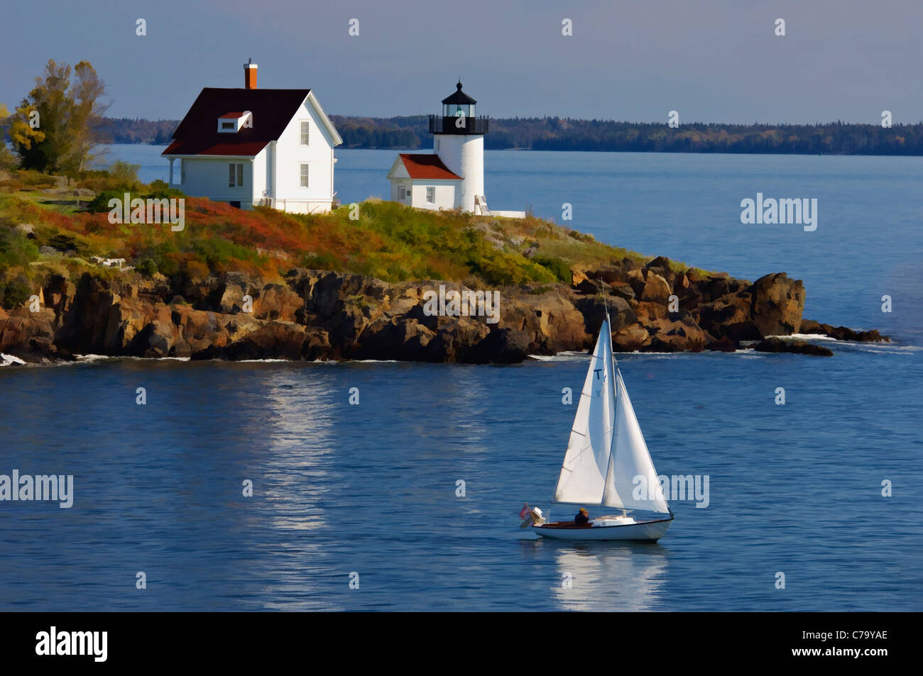 Painting Effect of Sailboat Passing Curtis Island Lighthouse - Near Camden, Maine Stock Photo