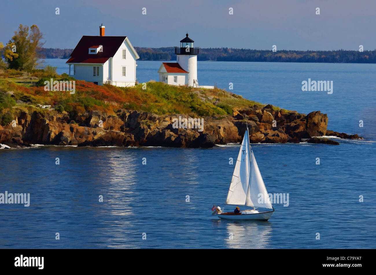 Painting Effect of Sailboat Passing Curtis Island Lighthouse - Near Camden, Maine Stock Photo