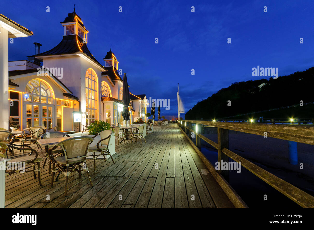 Historic pier with restaurant, Baltic resort Sellin, Baltic sea, Ruegen island, Mecklenburg-Western Pomerania, Germany, Europe Stock Photo
