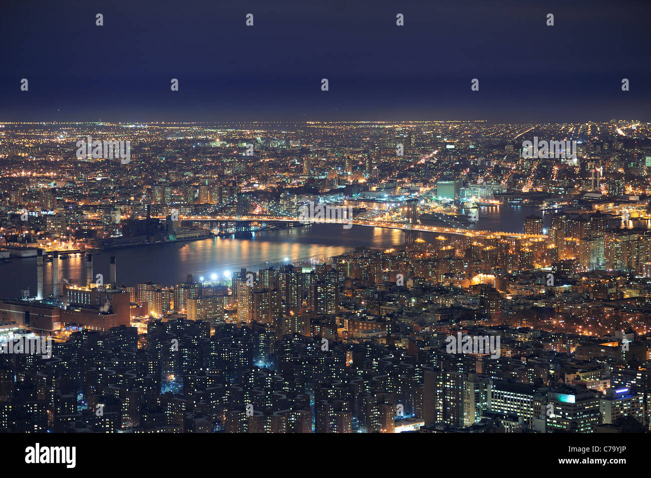 New York City Manhattan aerial view at dusk with urban city skyline and ...