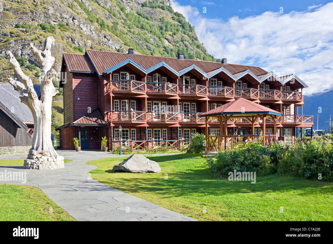 Flåmsbrygga Hotel in the village of Flåm at the southern end of Aurlandsfjorden western Norway Stock Photo