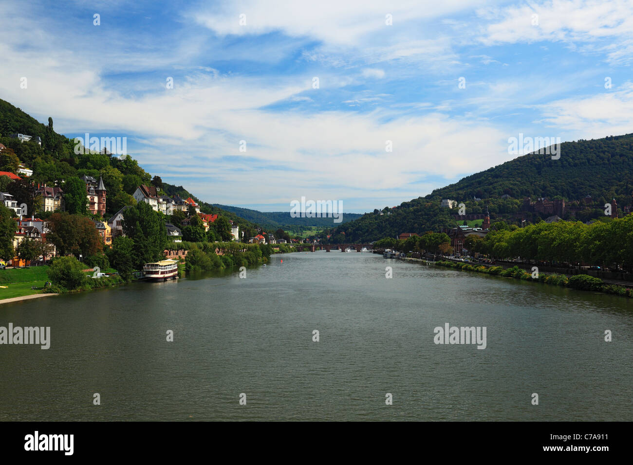 Flusslandschaft des Neckar in Heidelberg, Baden-Wuerttemberg, links der Heiligenberg, rechts der Koenigstuhl Stock Photo