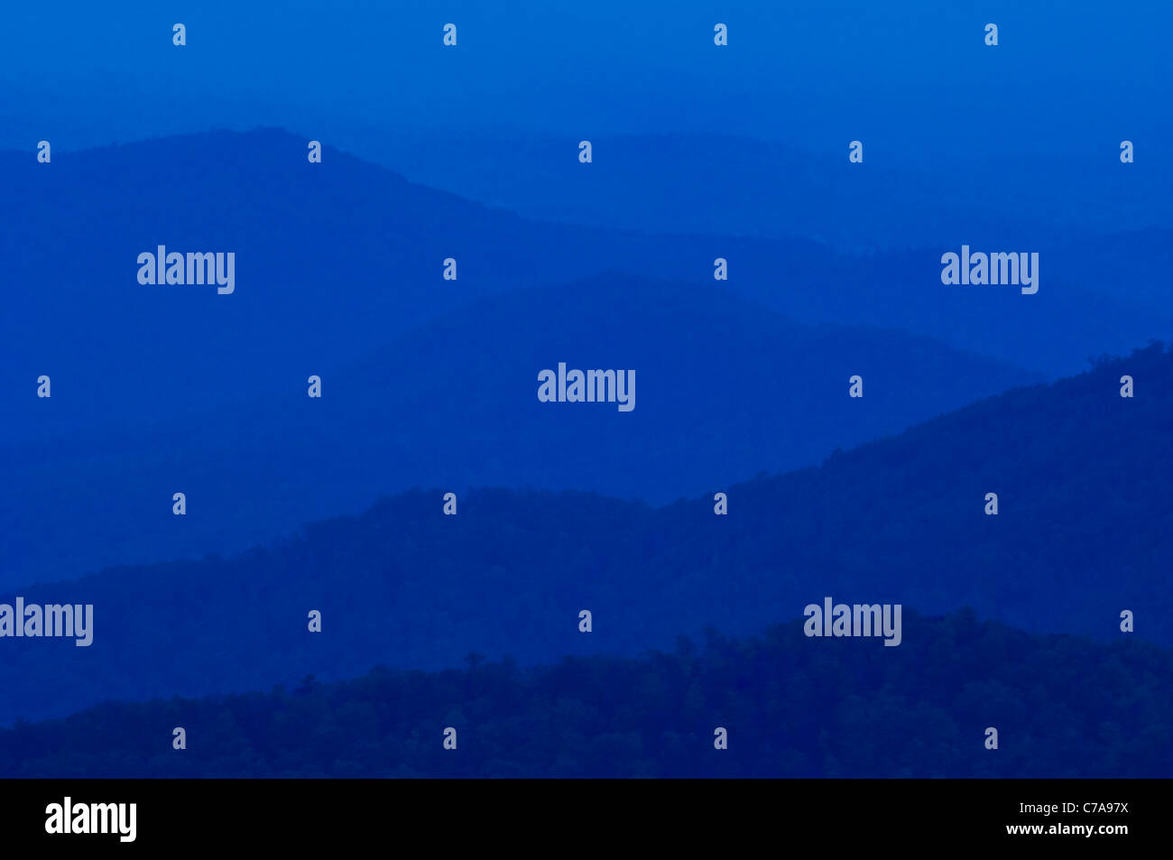 Twilight View of Mountain Ridges from the Cherohala Skyway in the Cherokee National Forest in Monroe County, Tennessee Stock Photo