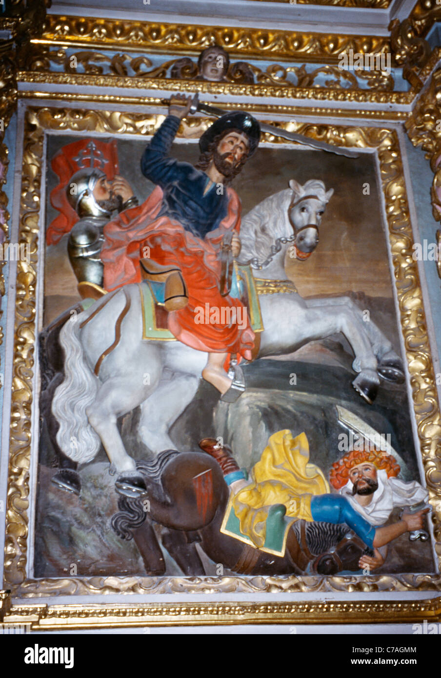 Tui Galicia Spain Cathedral De Santa Maria Painting On Altar Depicting Saint James Matamoros Saint James Depicted As A Knight Stock Photo