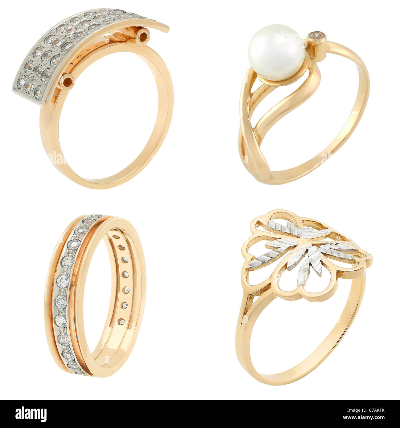 Set of four golden rings on white background. Photos of catalogue style ...