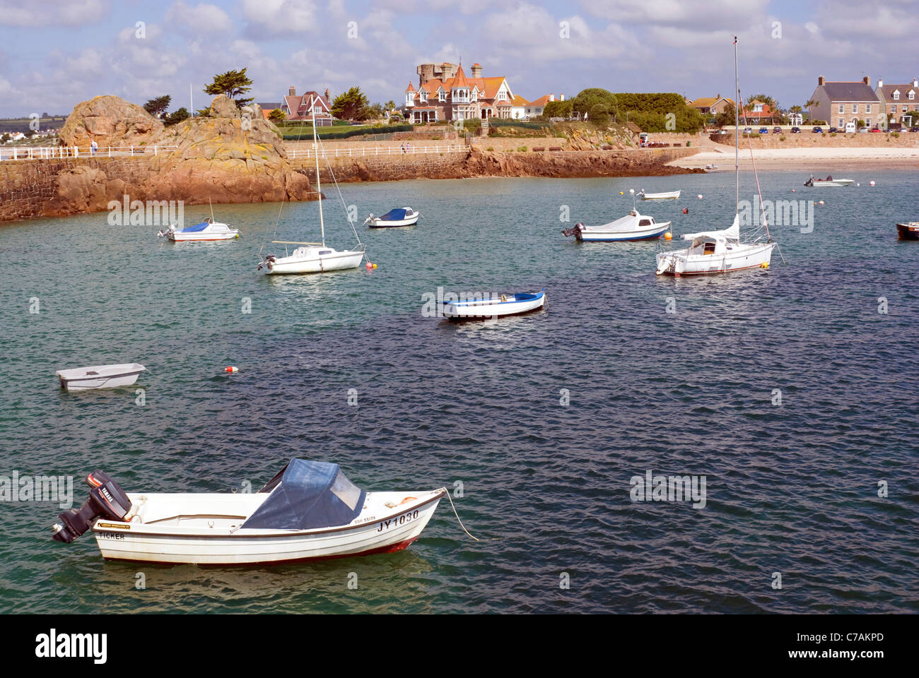 Boats on their moorings in St Clement's Bay, Jersey, Channel Islands