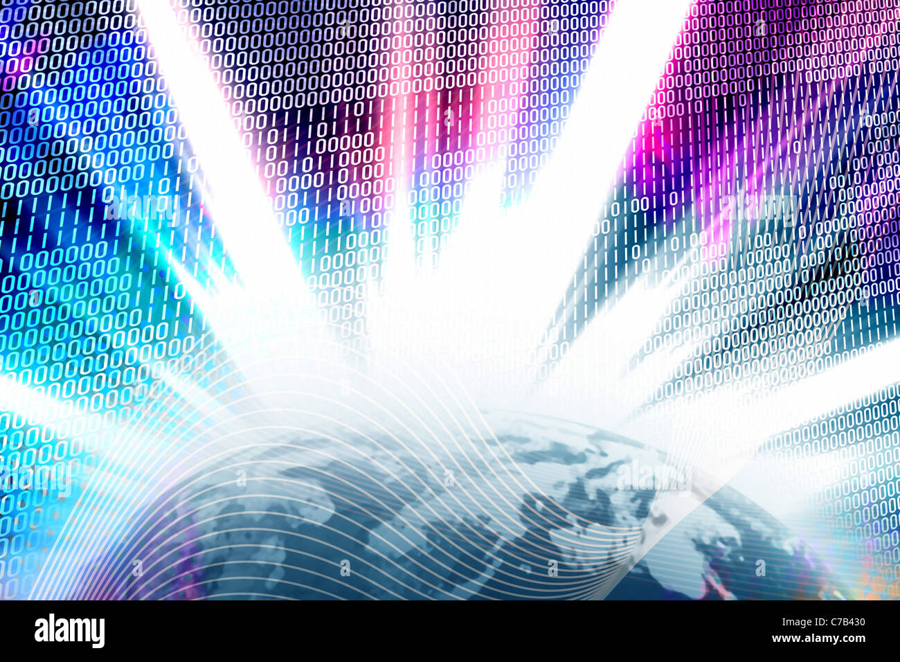 Abstract background with binary code and solar flares over a glowing ...