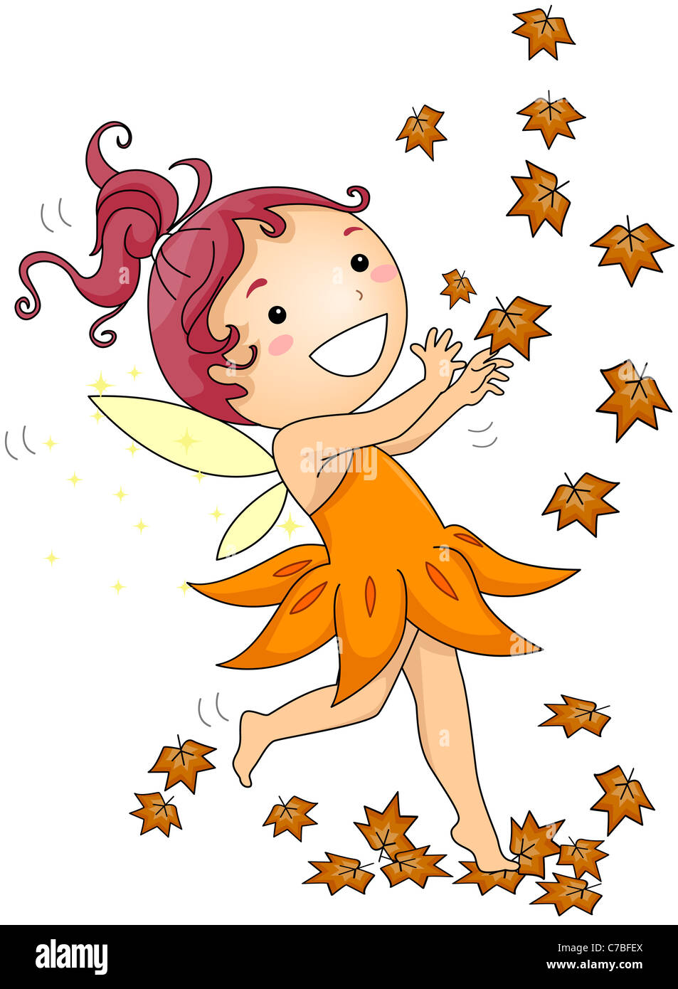 Illustration of an Autumn Fairy Playing with Dry Leaves Stock Photo