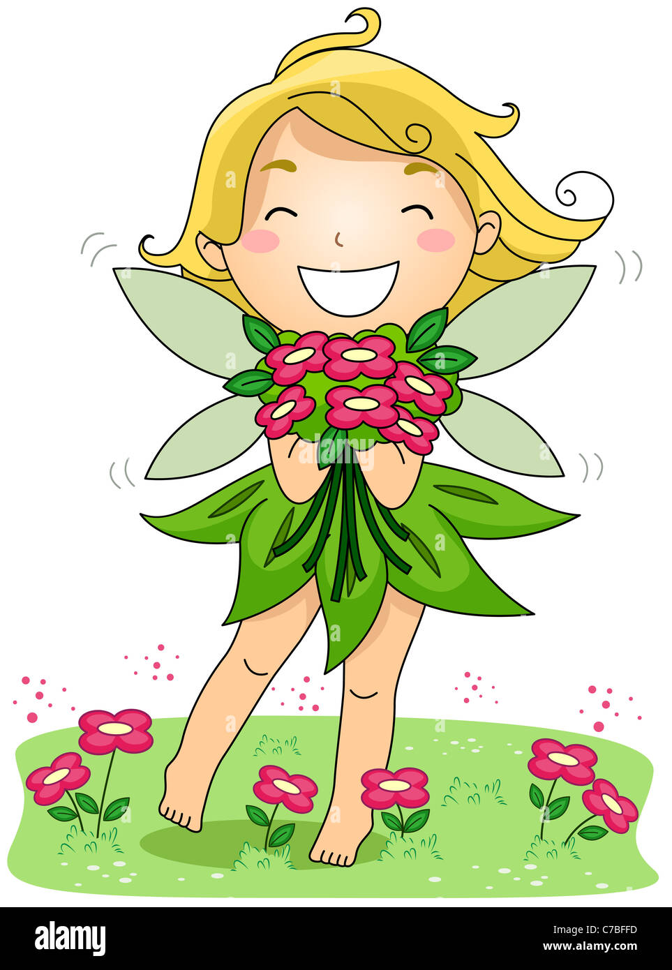 Illustration of a Spring Fairy Holding a Bunch of Flowers Stock Photo