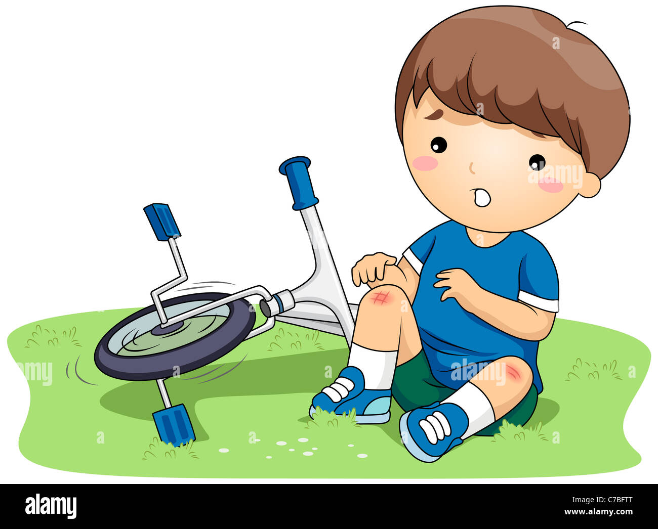 Illustration of a Boy Who Bruised His Knees After He Got into an Accident Stock Photo