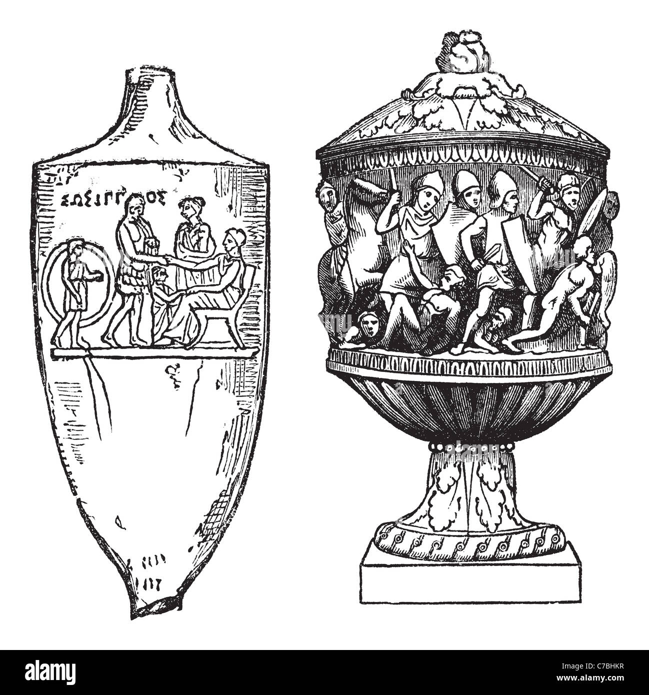 Greek and Roman, urns, vintage engraving. Old engraved illustration of Greek (left) and Roman (right), funerary urns. Stock Photo