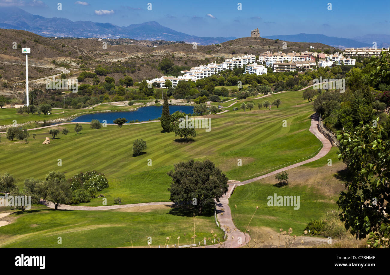 View across the Alhaurin Golf Resort from the clubhouse, near Alhaurin El Grande, Andalucia, Spain Stock Photo
