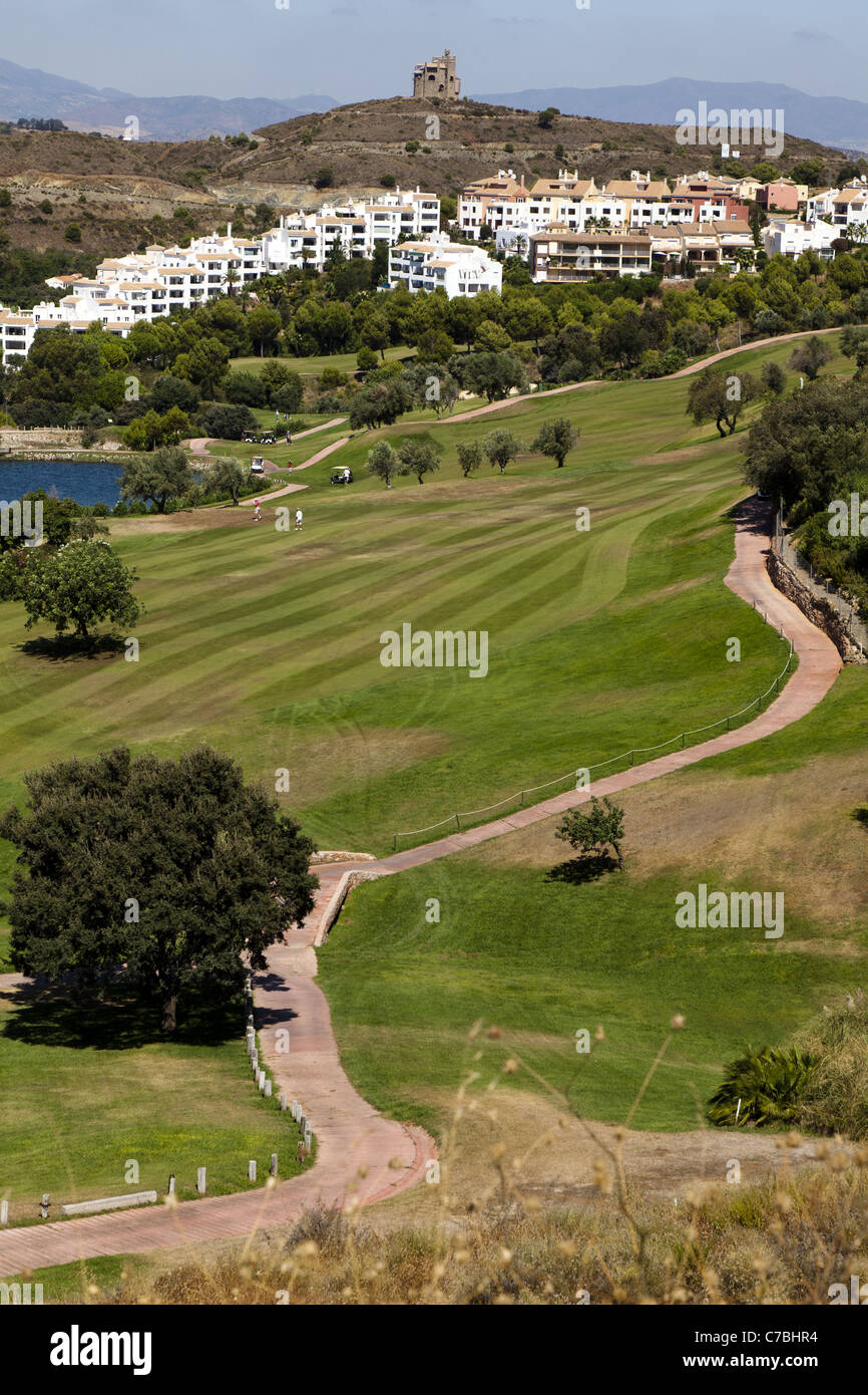 View across the Alhaurin Golf Resort from the clubhouse, near Alhaurin El Grande, Andalucia, Spain Stock Photo