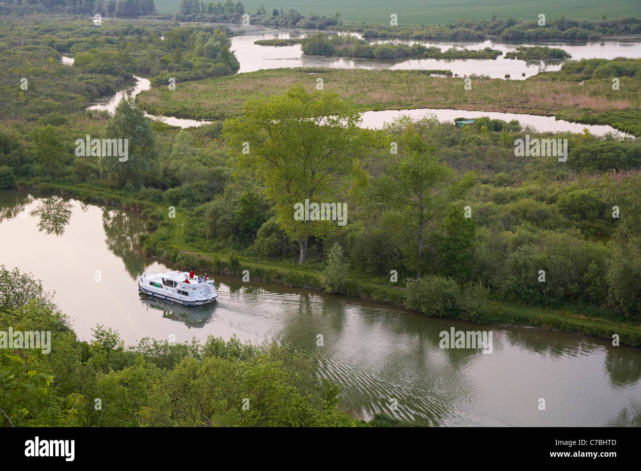 Houseboat passing Canal de la Somme, Somme, France Stock Photo