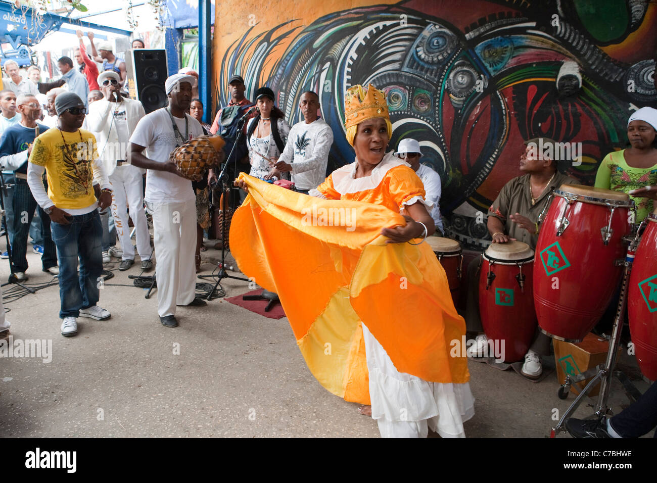 Afro-Cuban musicians performing at Sunday afternoon rumba at Callejon de Hamel, City of Havana, Havana, Cuba Stock Photo