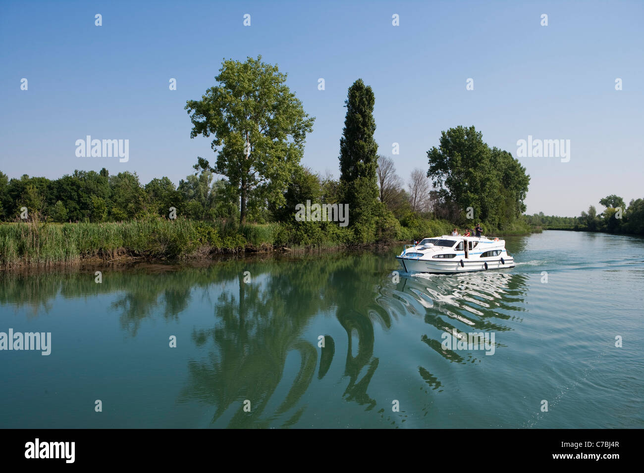 Le Boat Magnifique houseboat on Fiume Stella river, near Precenicco, Friuli-Venezia Giulia, Italy Stock Photo