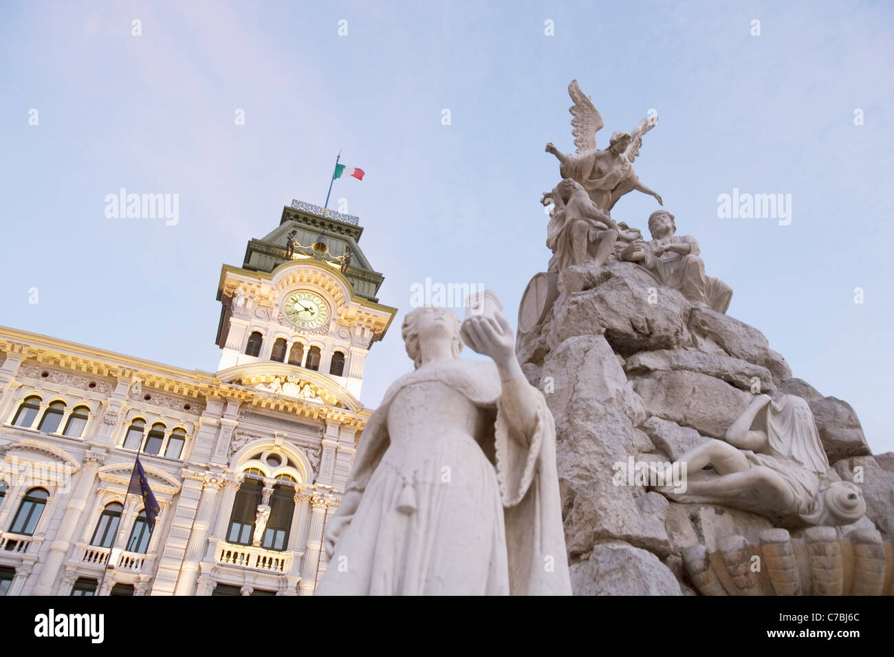 Fountain in front of Town Hall at Piazza dell'Unita d'Italia Square, Trieste, Friuli-Venezia Giulia, Italy Stock Photo