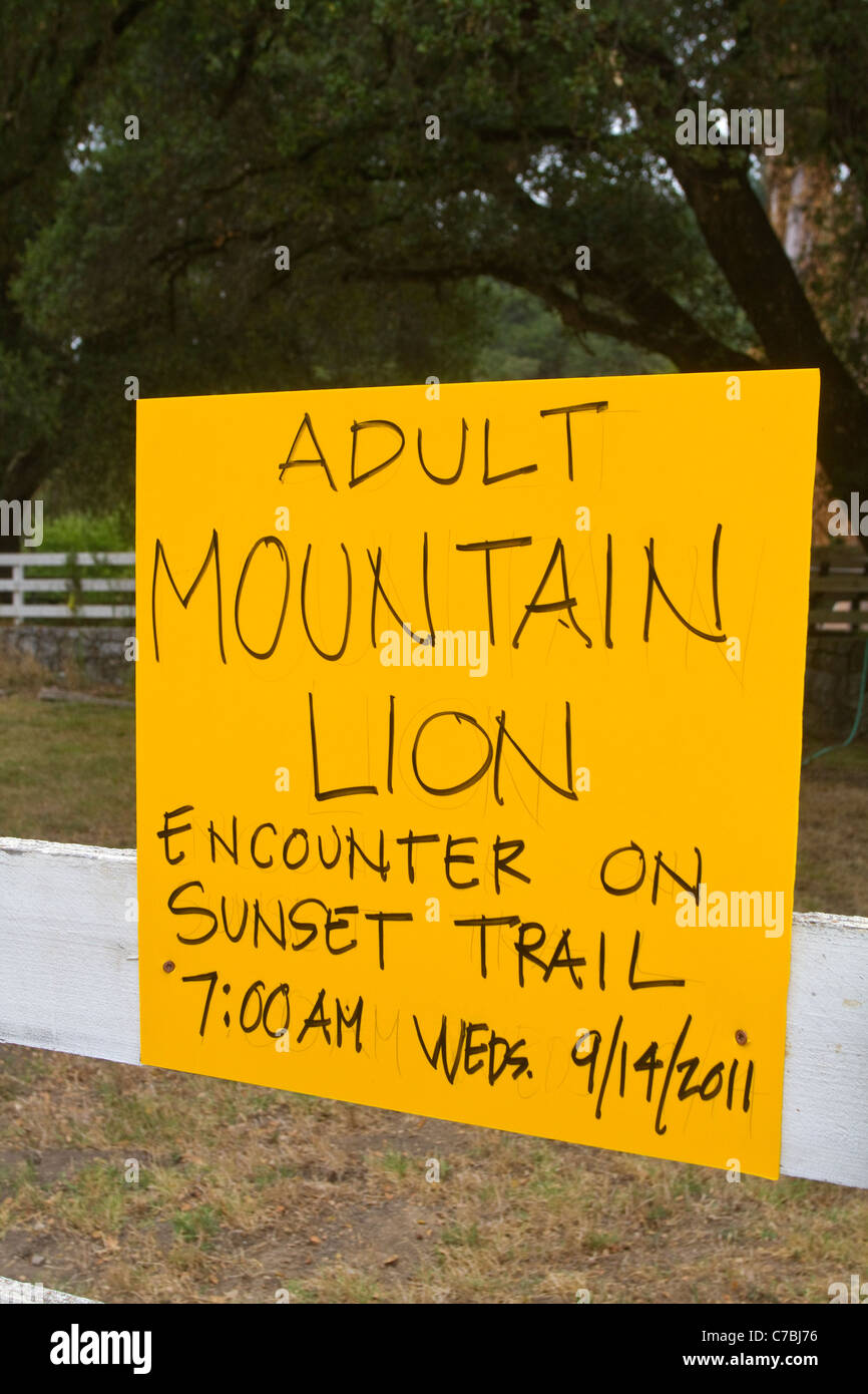 Mountain Lion Sighting Notice- hikers at Quail Hollow Preserve near