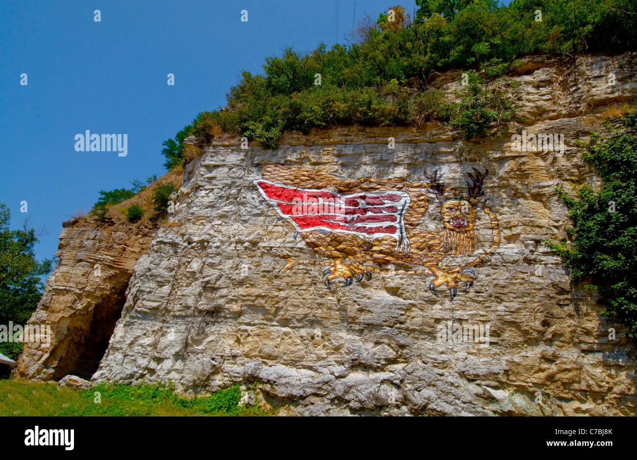 Painting of the Piasa bird on the cliffs beside the Mississippi River near Alton, Illinois Stock Photo