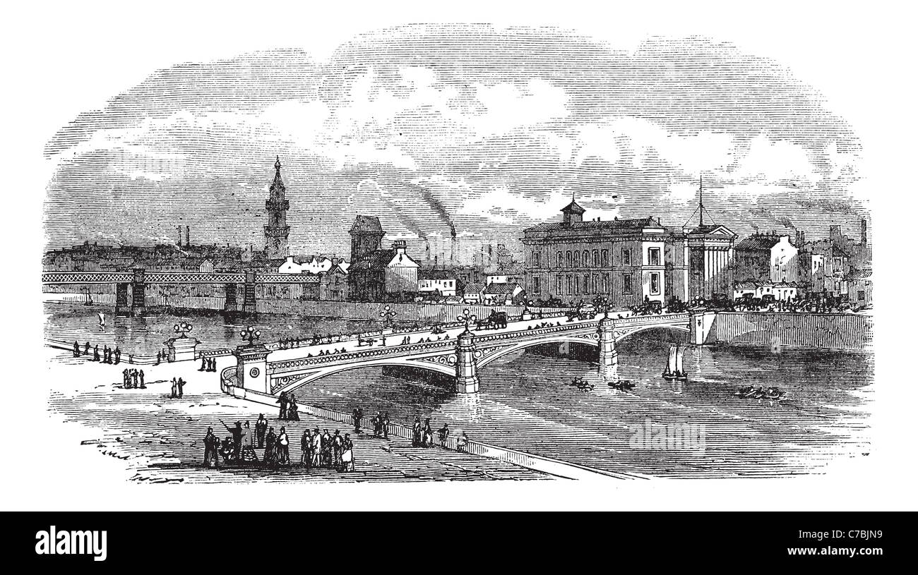 Albert bridge in Glasgow, Scotland, during the 1890s, vintage engraving