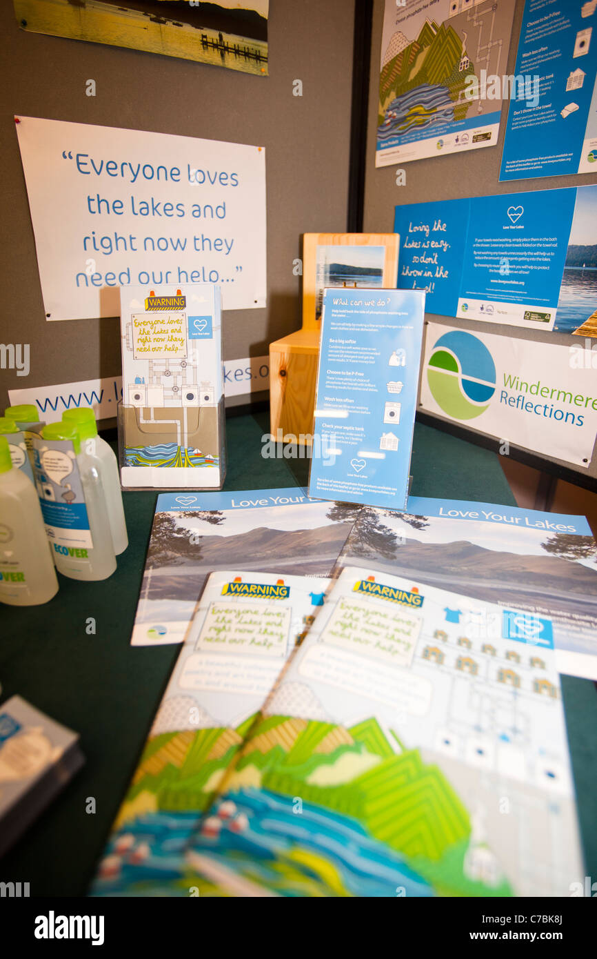 A stand about lake water wuality in the Lake district at a green event in Windermere, UK. Stock Photo