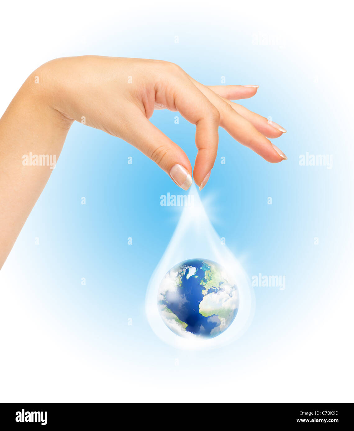Drop of water with Earth inside and hand. The symbol of Save Planet Stock Photo