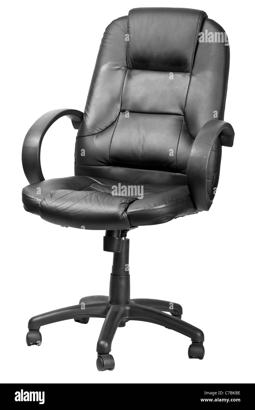 The office chair from black imitation leather. Isolated Stock Photo