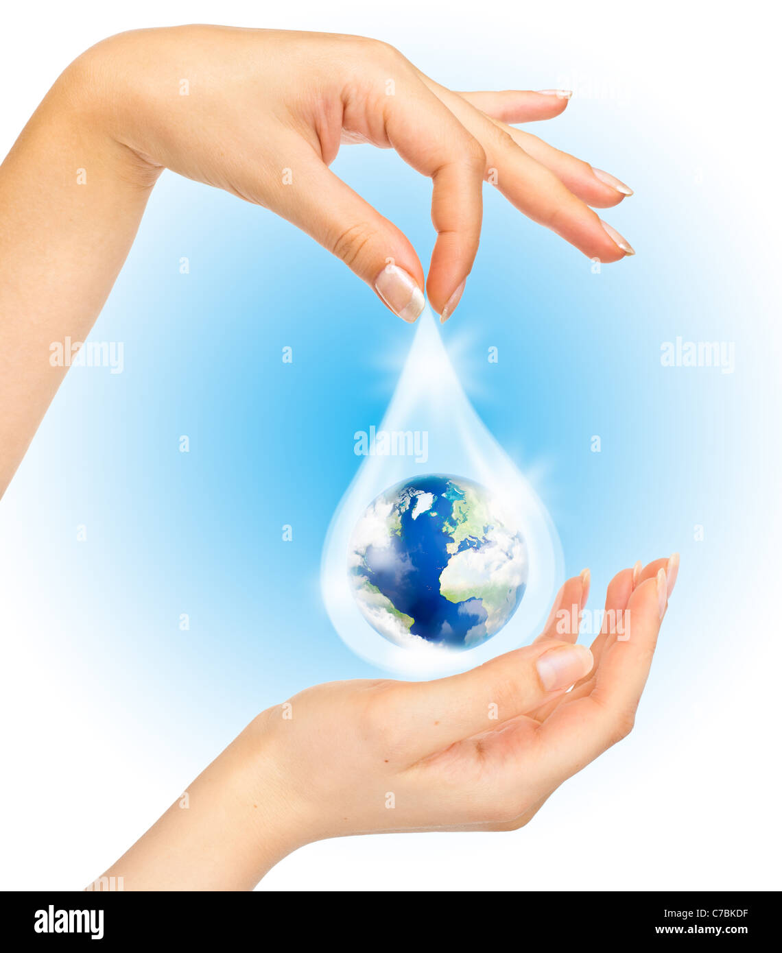 Drop of water with Earth inside and hands. The symbol of Save Planet Stock Photo