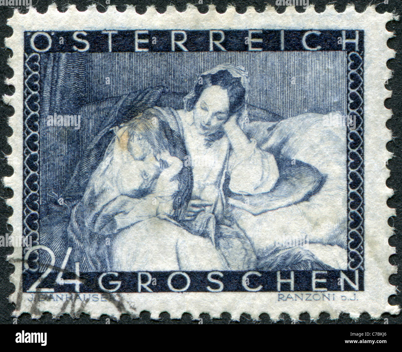 AUSTRIA - 1935: A stamp printed in Austria, shows the painting 'Love of mother to child' by Josef Danhauser Stock Photo