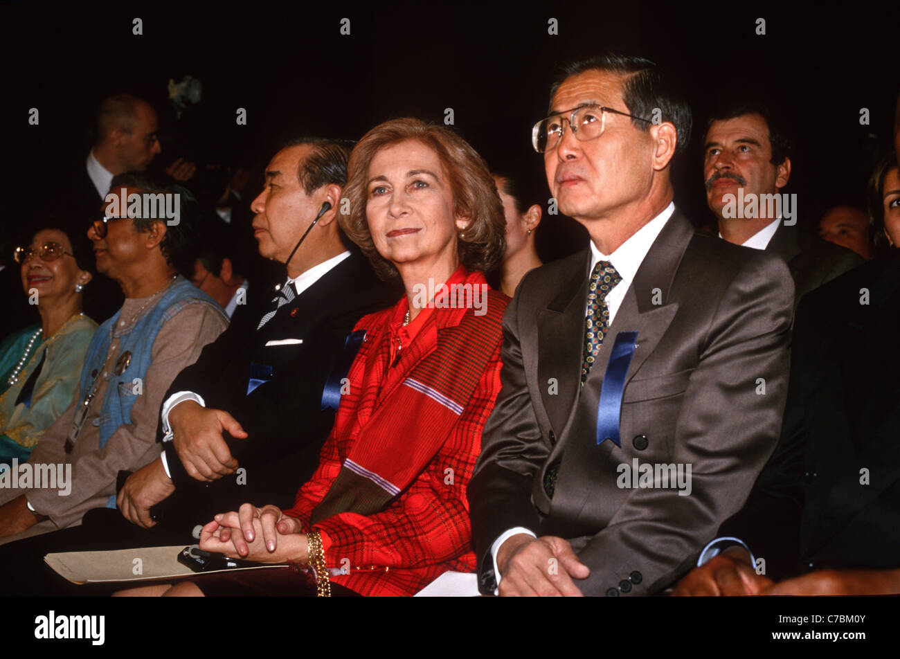 Queen Sofia of Spain with President Alberto Fujimori of Peru at the Microcredit Summit February 2, 1997 In Washington, DC. Stock Photo