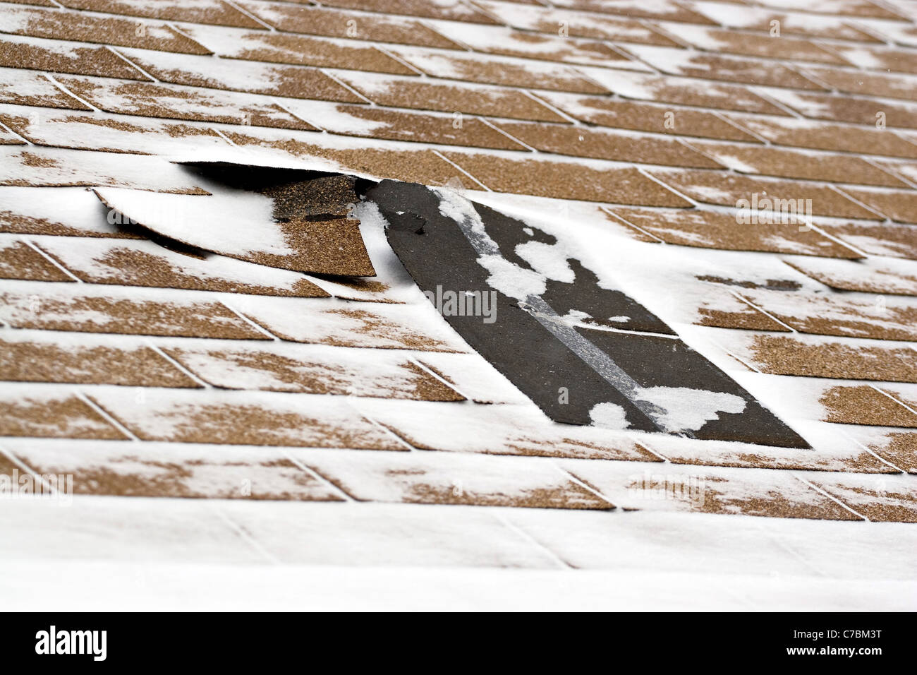 Damaged roof shingles blown off a home from a windy winter storm with strong winds. Stock Photo
