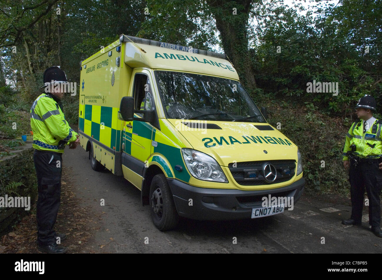 Ambulance leaving the scene during the Gleision Colliery miners rescue attempt operation near Cilybebyll, Pontardawe, South Wales, UK. Stock Photo