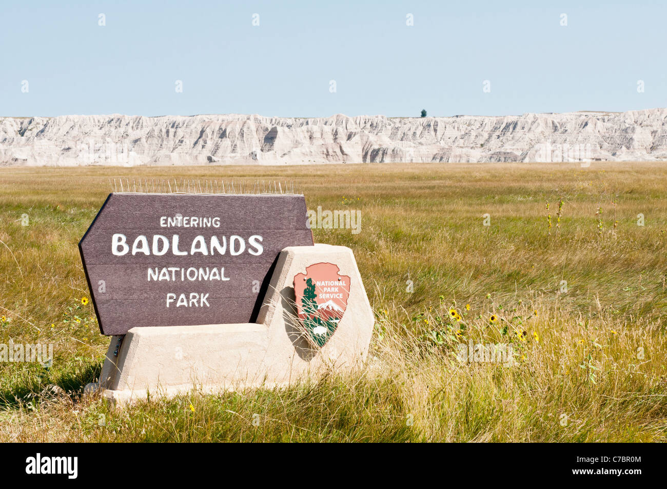 Entrance sign at Badlands National Park in South Dakota. Stock Photo