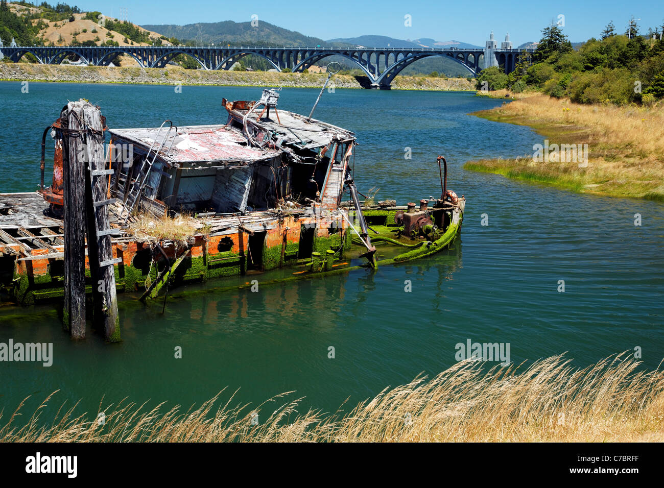 Rotting wrecked tug boat, Gold Beach, Oregon, USA, North America Stock